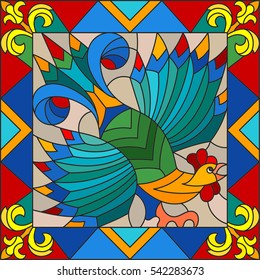 Illustration style stained glass rooster abstract bright frame