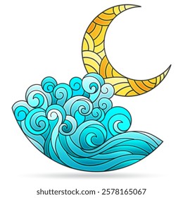 Illustration in the style of stained glass with seascape, isolated on a white background