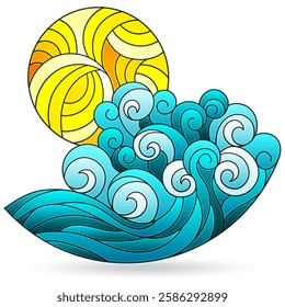 Illustration in the style of stained glass with seascape, isolated on a white background