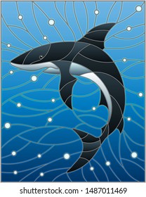 Illustration in the style of stained glass with shark on the background of water and air bubbles