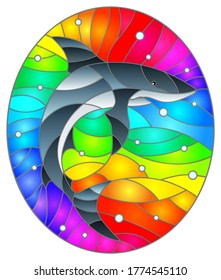 Illustration in the style of stained glass with  shark on a rainbow background, oval image 