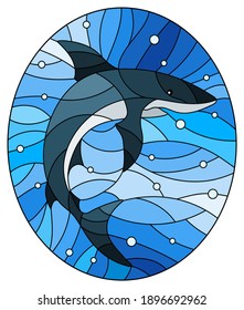 Illustration in the style of stained glass with a shark on a blue water and air bubbles background, oval image 