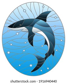 Illustration in the style of stained glass with a shark on a blue water and air bubbles background, oval image 