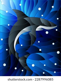 Illustration in the style of stained glass with shark on the background of water and air bubbles