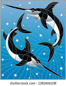 Illustration in the style of stained glass with swordfish on the background of water and air bubbles