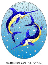 Illustration in the style of stained glass with swordfish on the background of water and air bubbles, oval image