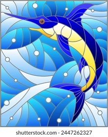 Illustration in the style of stained glass with swordfish on the background of water and air bubbles