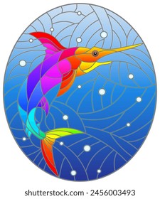 Illustration in the style of stained glass with swordfish on the background of water and air bubbles,oval image