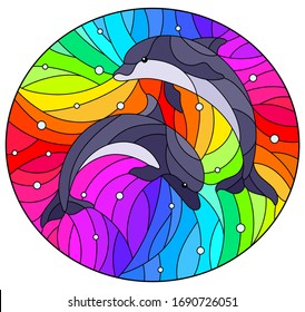 Illustration in the style of stained glass with two  dolphins on a rainbow background  and air bubbles