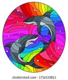 Illustration in the style of stained glass with a two sharks on a rainbow background, oval image 