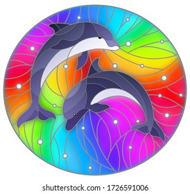 Illustration in the style of stained glass with two  dolphins on a rainbow background  and air bubbles