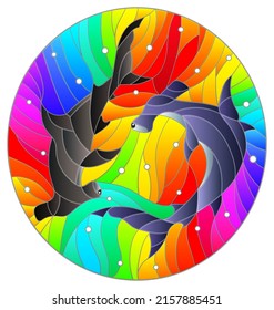 Illustration in the style of stained glass with two fish hammers on on a rainbow background, oval image