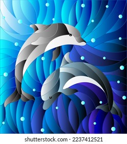 Illustration in the style of stained glass with two dolphins on the background of water and air bubbles