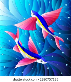 Illustration in the style of stained glass with two flying fishes manta rays on the background of water and air bubbles