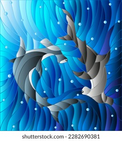 Illustration in the style of stained glass with two fish hammers on the background of water and air bubbles