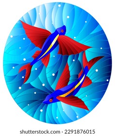 Illustration in the style of stained glass with two flying fishes on the background of water and air bubbles, oval image