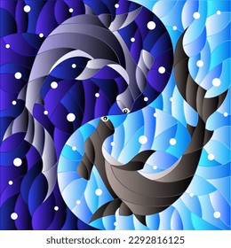 Illustration in the style of stained glass with two fish hammers on against the background of air and water bubbles, a square image