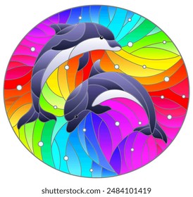 Ilustración en el estilo de vitrales con dos delfines sobre un fondo de arco iris y burbujas de aire