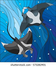 Illustration in the style of stained glass with two manta rays manta rays on the background of water and air bubbles