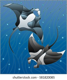 Illustration in the style of stained glass with two manta rays manta rays on the background of water and air bubbles