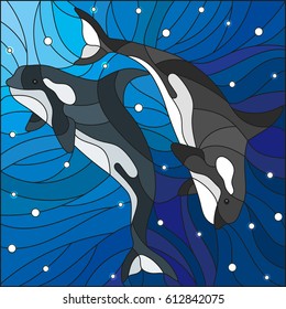 Illustration in the style of stained glass with two whales on the background of water and air bubbles