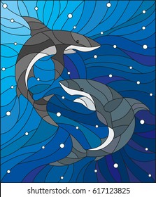 Illustration in the style of stained glass with two sharks on the background of water and air bubbles