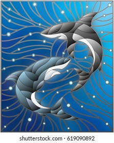 Illustration in the style of stained glass with two sharks on the background of water and air bubbles