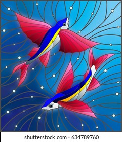 Illustration in the style of stained glass with two flying fishes on the background of water and air bubbles