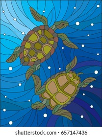 Illustration in the style of stained glass with two turtles on the background of water and air bubbles
