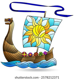 Illustration in the style of stained glass with Viking boat, isolated on a white background