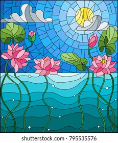 Illustration in the style of stained glass with a water landscape, Lotus flowers against the background of the pond, sky and sun