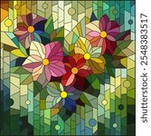 An illustration in the style of a stained glass window with bright flowers on a geometric background