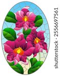 An illustration in the style of a stained glass window with orchid flowers on a blue sky background