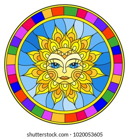 Illustration in the style of a stained glass window with abstract sun in bright frame,round image
