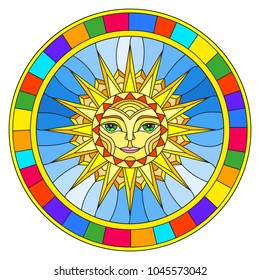 Illustration in the style of a stained glass window with abstract sun in bright frame,round image