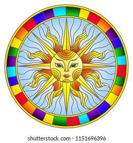 Illustration in the style of a stained glass window with abstract sun in bright frame,round image