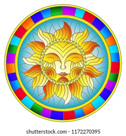 Illustration in the style of a stained glass window with abstract sun in bright frame,round image