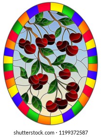 Illustration in the style of a stained glass window with the branches of cherry  tree , the  branches, leaves and berries against the sky, oval image in bright frame
