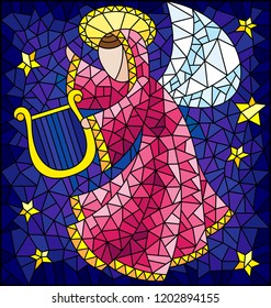 Illustration in the style of a stained glass window abstract angel in pink robe with a harp in his hands at the sky and stars