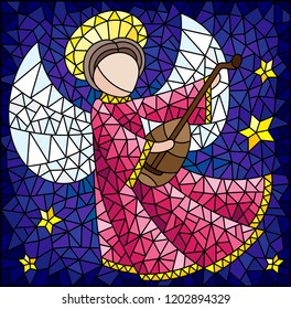 Illustration in the style of a stained glass window abstract angel in pink robe, with lute in hand on a background of sky and stars