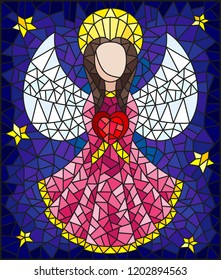 Illustration in the style of a stained glass window abstract angel in pink robe with heart in hands on a background of sky and stars