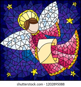 Illustration in the style of a stained glass window abstract angel in pink robe with a scroll in the sky and stars