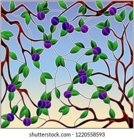 Illustration in the style of a stained glass window with the branches of plum tree , the fruit branches and leaves against the sky