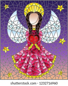 Illustration in the style of a stained glass window abstract angel in pink robe with heart in hands on a background of sky and stars