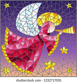 Illustration in the style of a stained glass window abstract angel in pink robe with a pipe in hands on a background of sky and stars