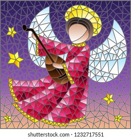Illustration in the style of a stained glass window abstract angel in pink robe, with lute in hand on a background of sky and stars