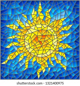 Illustration in the style of a stained glass window abstract cracked  sun against the blue sky