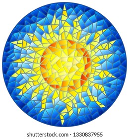 Illustration in the style of a stained glass window abstract cracked  sun against the blue sky, round image 