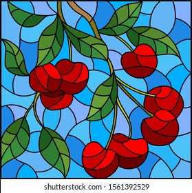 Illustration in the style of a stained glass window with the branches of cherry  tree , the  branches, leaves and berries against the skyy