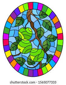 Illustration in the style of a stained glass window with the branches of Apple trees , the fruit branches and leaves against the sky, oval image in bright frame